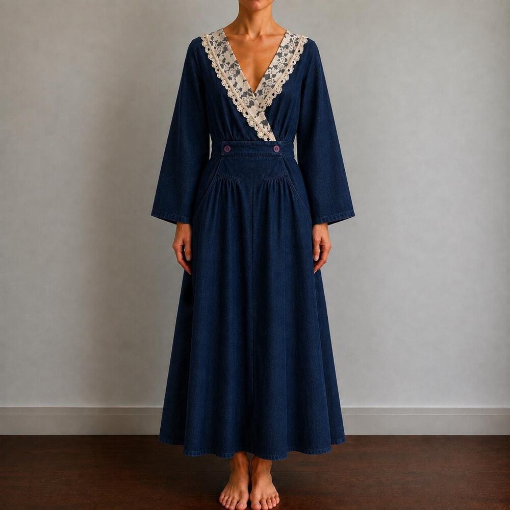 Vintage 70s Dark Wash Denim Prairie Cottagecore Maxi Dress Lace Collar Sz 7/8 M